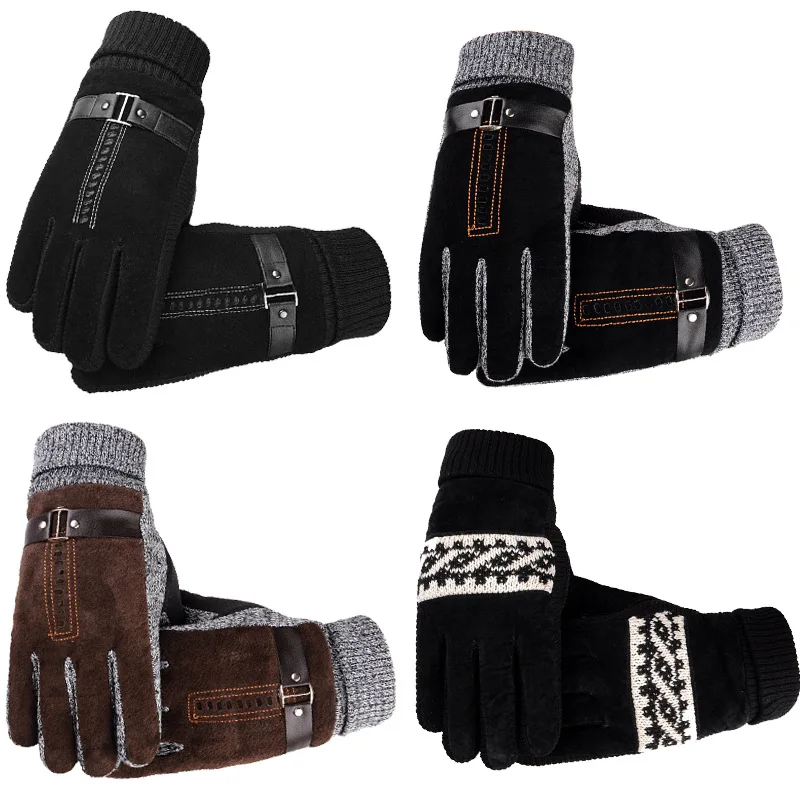 Зимние мужские и женские кожаные бархатные утепленные лыжные перчатки теплые