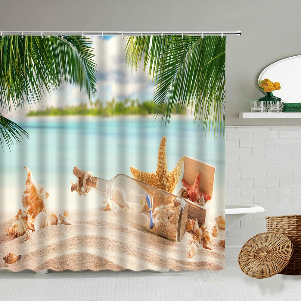 

Beach Scenery Shower Curtain Sunshine Shell Wishing Bottle Coconut Tree Bathroom Wall Ddecoration Waterproof Polyester Curtains