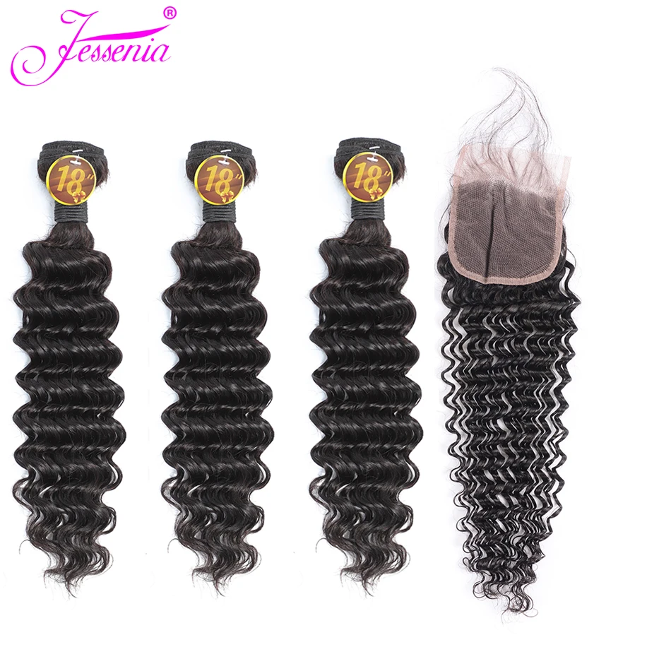 Бразильские волосы глубокая волна пучки с закрытием 3 пучка 4*4 Кружева Закрытие