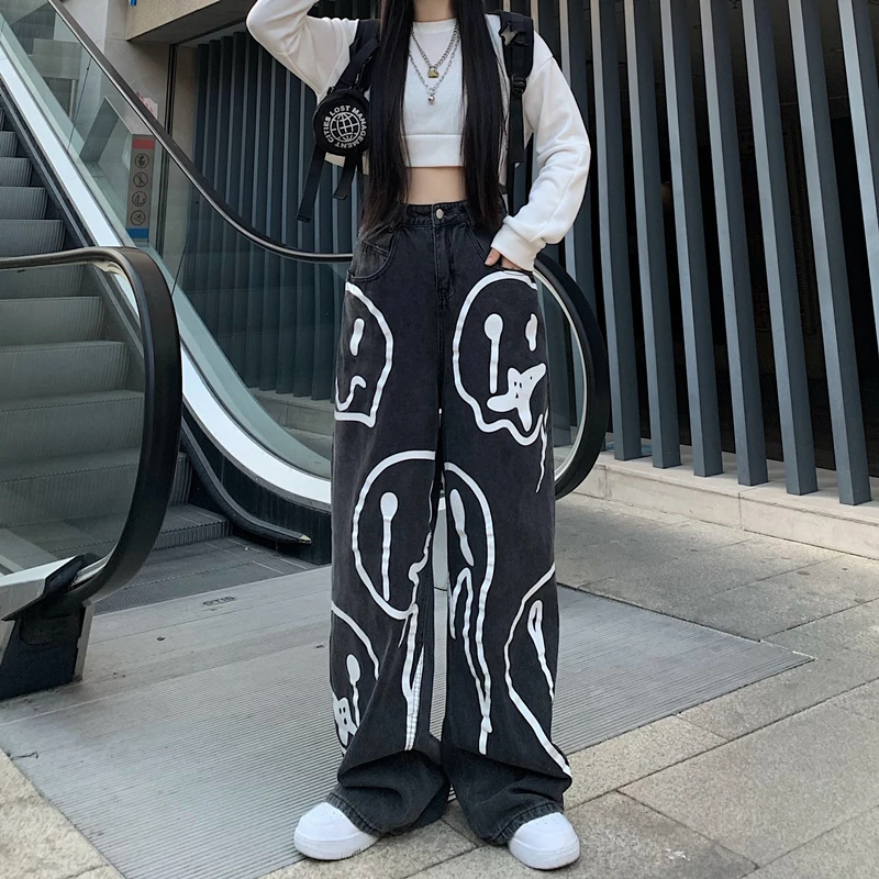 

Harajuku Korean Retro denim Jeans Dark Print Graffiti Men and Women Casual Loose Lazy Drape Wide-leg Pants High Street Pants