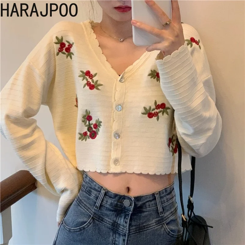 

Harajpoo Women Cardigans Autumn 2021 New Sweet Lace V Neck Embroidery Loose Short Thin Section Outer Long Sleeve Knitted Tops