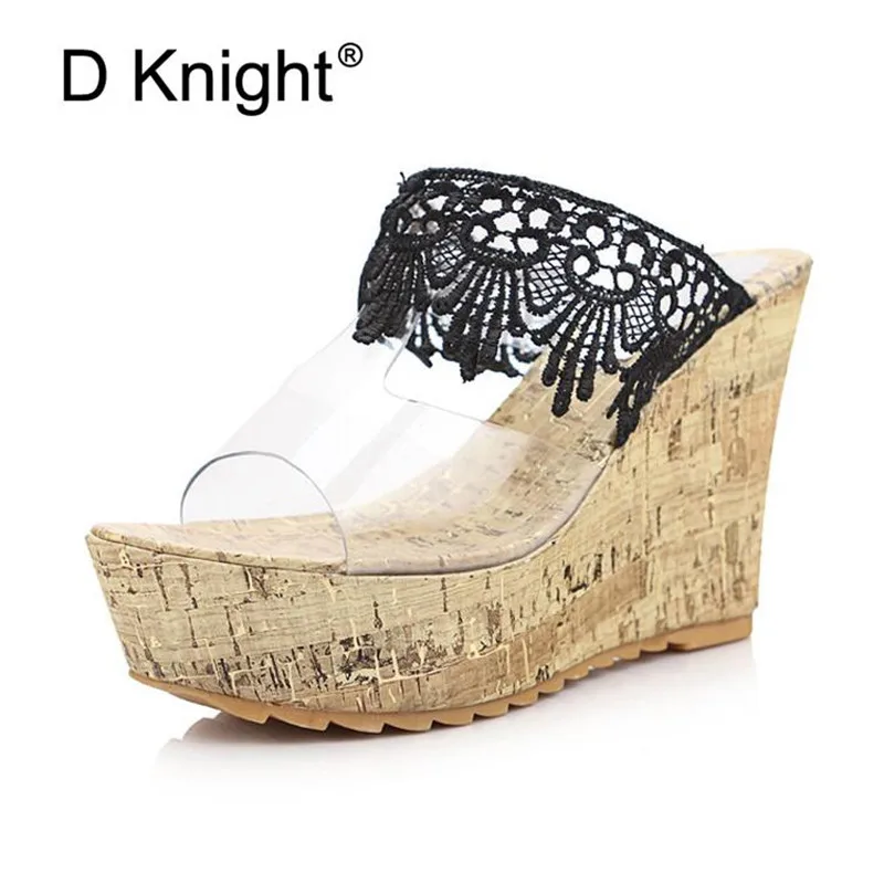 Летние Новые прозрачные женские шлепанцы на высоком каблуке с кристаллами