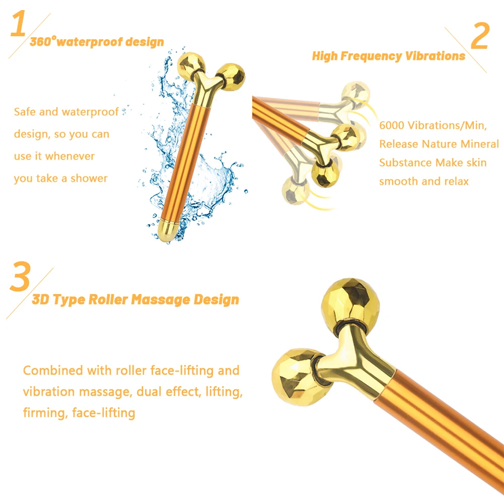 24k Gold Energy beauty Bar Набор 3D Вибрационный массажер для лица, массажер для лица, палочка для ухода за кожей, роликовая палочка для подтяжки лица, инструменты для красоты