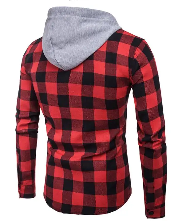 2021 Men's Hooded Shirt Large Plaid Men Pocket Hooded Plaid Shirts Men Long Sleeve Shirts