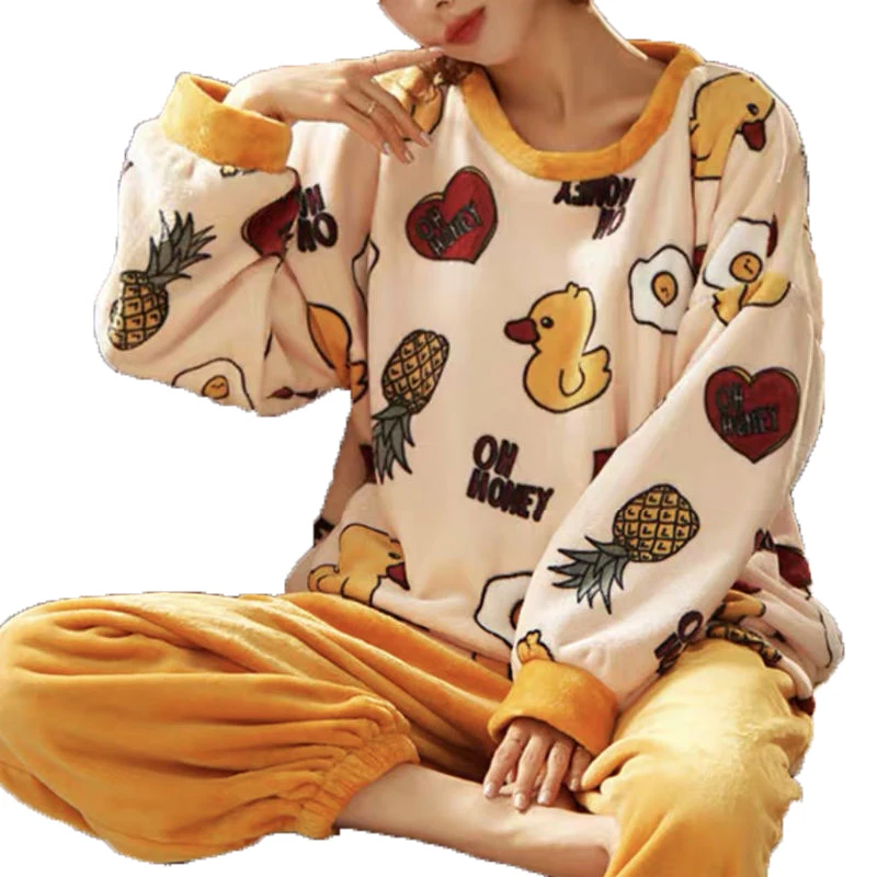 Long Sleeve Coral Fleece Pajamas Set Women Cartoon Graphic Autumn And Winter Home Wear Set Kawaii Pajama Sleepwear Plus Size