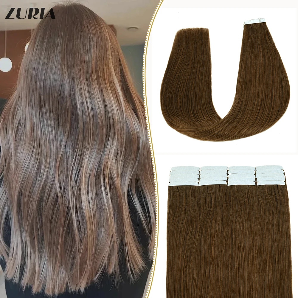 

ZURIA Real Hair Tape In Human Hair Extensions Invisible Skin Weft Adhesive Non-Remy Straight Hair 12"14"16"20"100% Virgin hair
