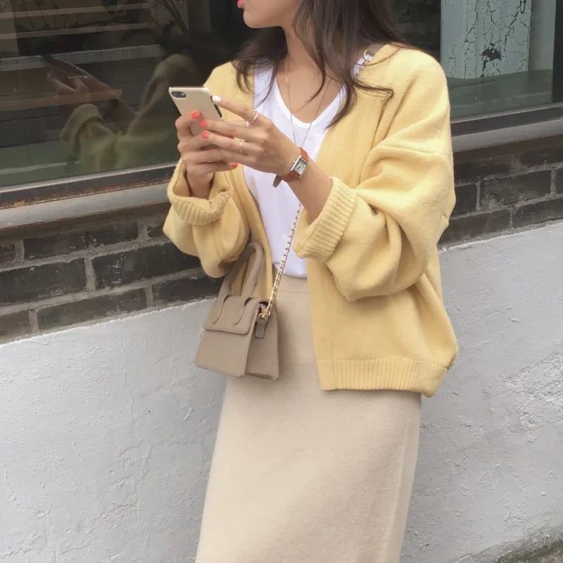 New Oversize Women's Sweaters Autumn Winter fashionable Vintage yellow Cardigans Single Breasted Puff Sleeve Loose Cardigan |