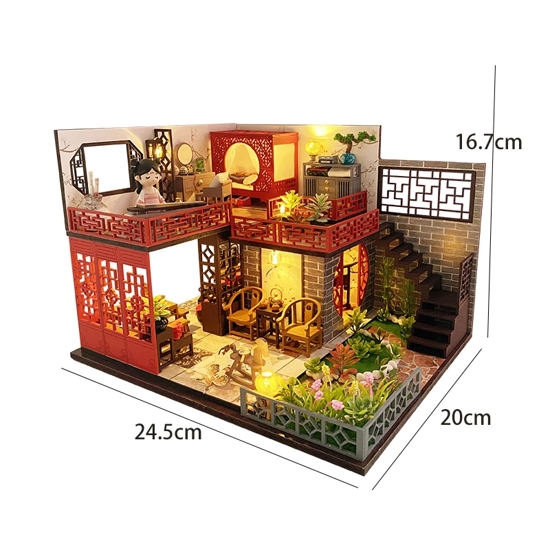 

Chinese Ancient Loft DIY Wooden DollHouse Miniature With Furniture Light Plant Assemble Casa Toys For Children Adult Gifts