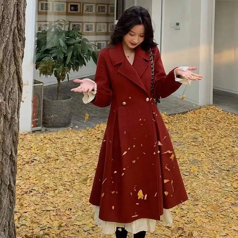 Женское длинное пальто элегантное шерстяное с поясом однотонное в Корейском