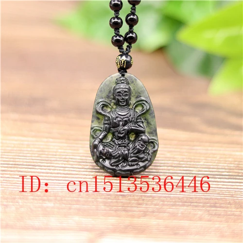 Натуральный черный зеленый нефрит китайская лента Гуаньинь кулон ожерелье