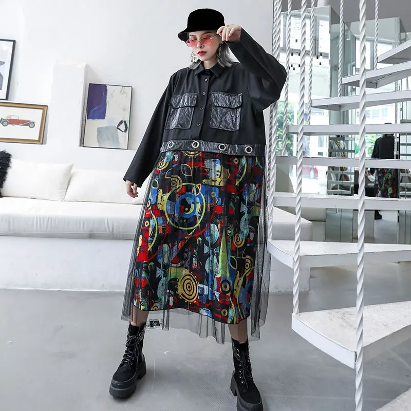 XITAO Mesh Sequin Dress Women Fashion New 2019 Autumn Elegant Turn Down Collar Patchwork Casual Style Loose GCC2084 | Женская одежда