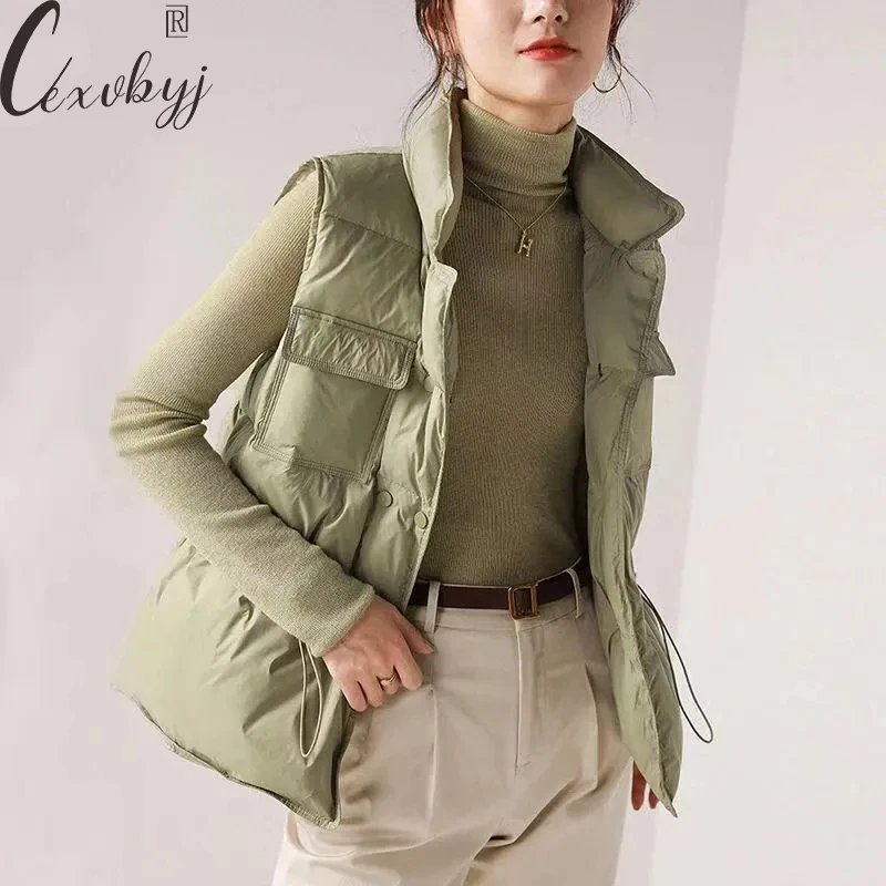 

Autumn Winter Down Vest Women Ultra Light Duck Down Vintage Waistcoat Warm Slim Waist Outerwear Windproof Sleevelss Jacket M-XL