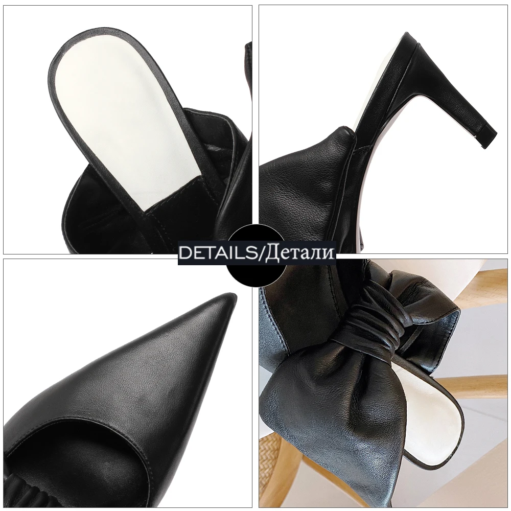 

ISNOM Ladies Fashion Slippers Butterfly Knot Soft Sheepskin Slides Women Pointed Toe Mules High Heels Summer Slipper Leather