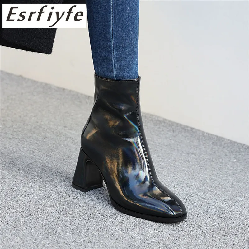 

ESRFIYFE 2020 New Large Size Women Ankle Boots Outdoor Booties Woman Ankle Boots Solid Color High Heels Square Toe Shoes Woman