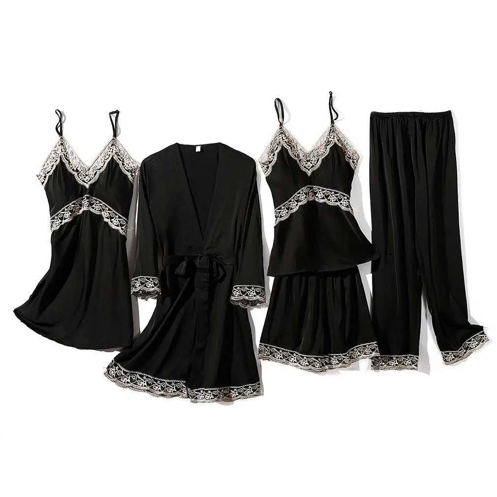

Women Kimono Gown Satin Bathrobe 5PCS Sleepwear Sexy Hollow Out Lace Pajamas Set Faux Silk Pyjama pour femme Trouser Suits