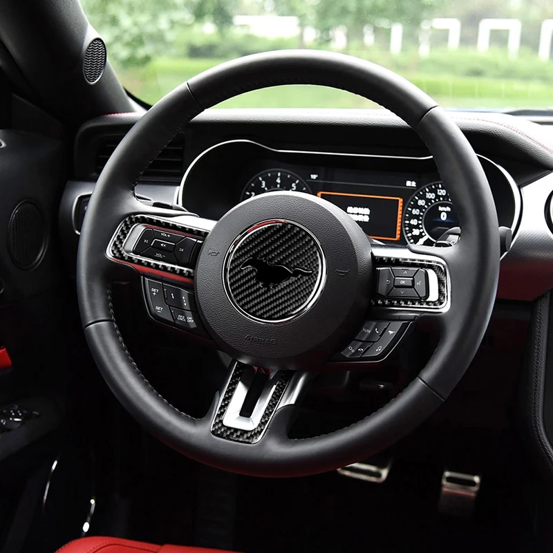 

For Ford Mustang 2015-2021 Carbon Fiber Steering Wheel Logo Button Emblem Cover Trim Strips Kit Car Styling