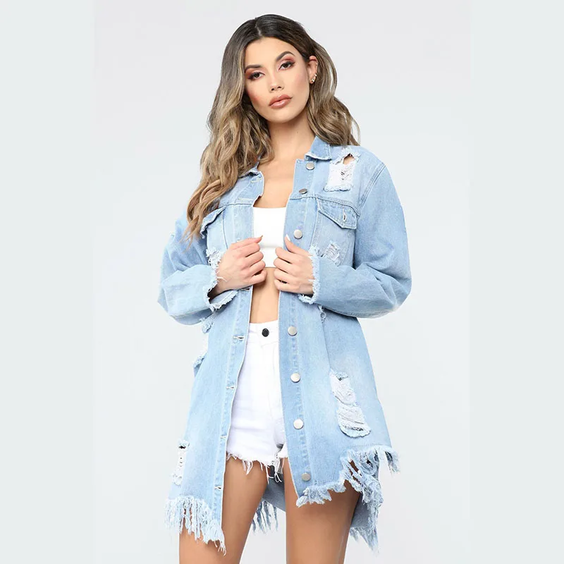 

Denim Jacket Women's Basic Jeans Jacket Women Plus Size Coat Holes Baggy Denim Jacket Fashion Loose Street Style Coats Clothes