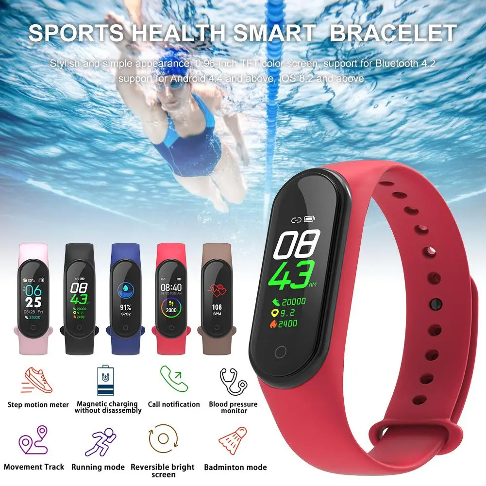 

Smart Bracelet Waterproof Color Screen Fitness Tracker Heart Rate Blood Pressure Sleep Monitoring Bluetooth Smart Sportband M4