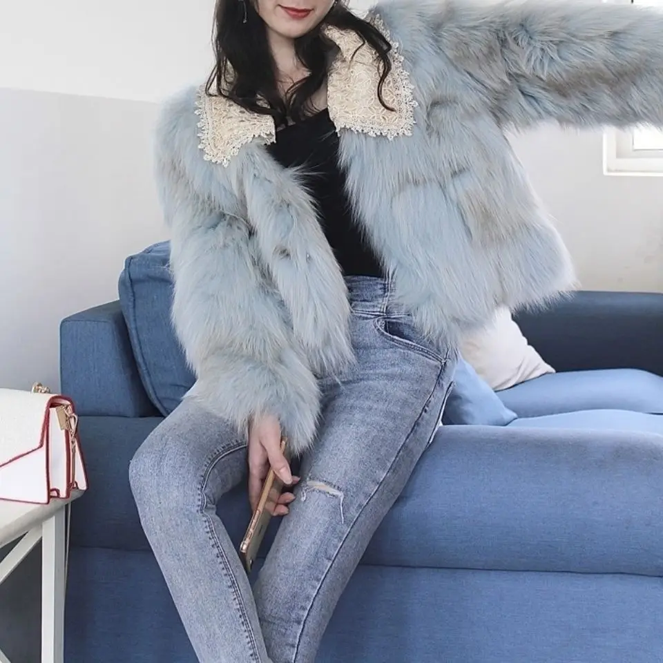 

Women 2021 Winter Fashion Faux Fox Fur Coats Female Elegant Lace Turn Down Collar Warm Jacket Lady Casual Fake Fur Outwear C439