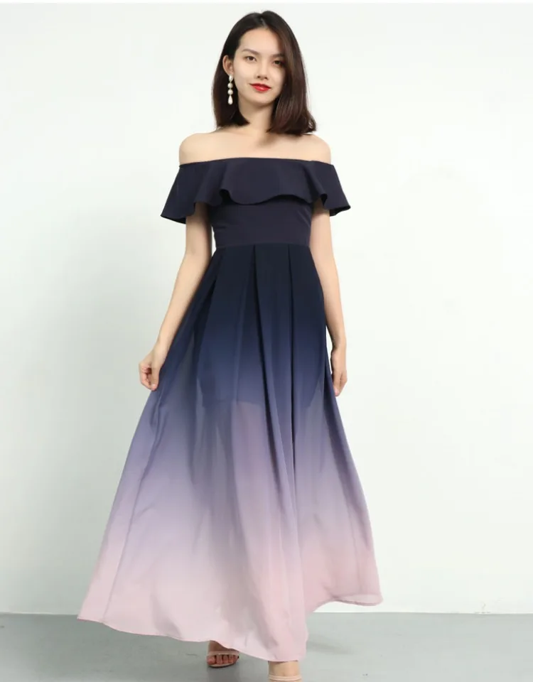 Женское вечернее платье с оборками шифоновое без бретелек открытыми плечами