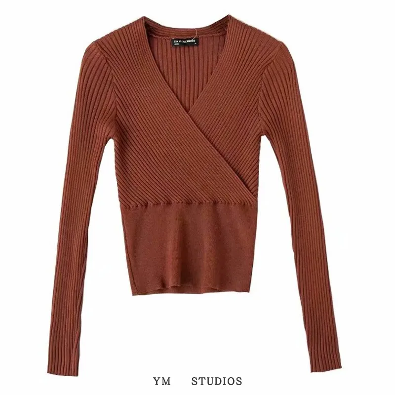 

Women's wear street shot cross V-neck design long sleeve T-shirt women's short wear slim top spring