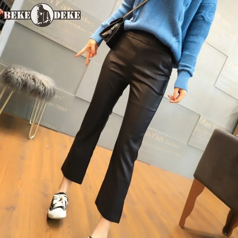 Women Elastic High Waist Split Flared Pants New Autumn Winter Office Ladies Genuine Leather Pants Casual Ankle Length Trousers