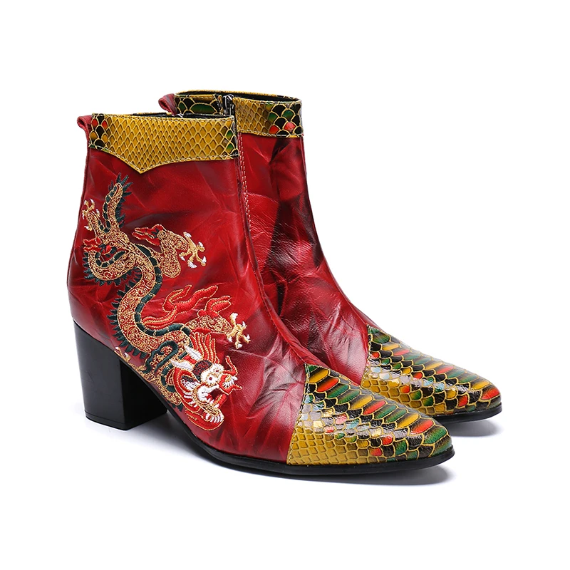 Зимние ботильоны в европейском стиле с острым носком на молнии вышитым драконом