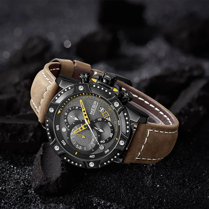 Часы MEGIR Мужские кварцевые с хронографом спортивные наручные кожаным ремешком