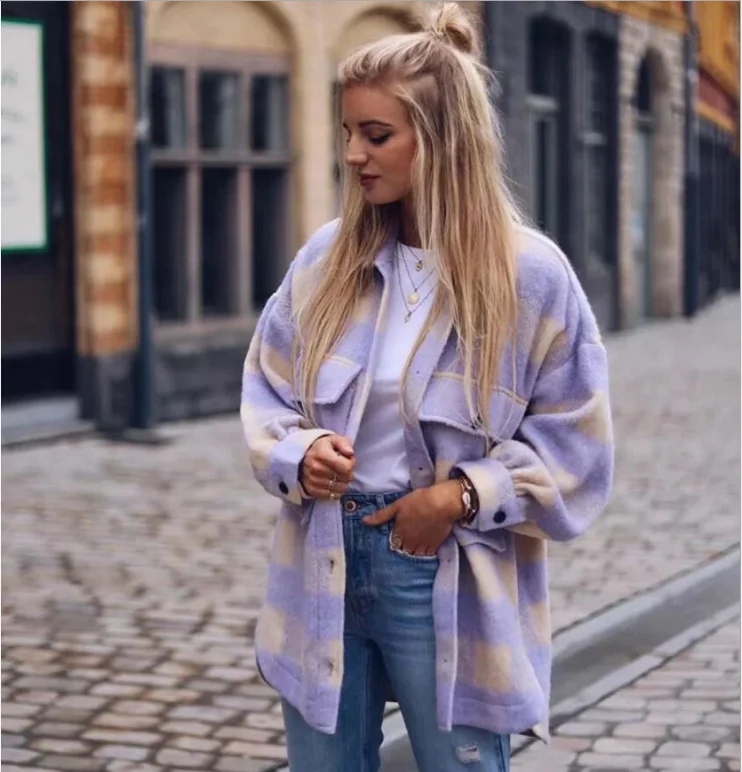 

Zoulv Oversize Plaid Jacket Women's Autumn and Winter Classic Loose Warm Green Plaid Printed Jacket Woolen Casual Jacket Retro