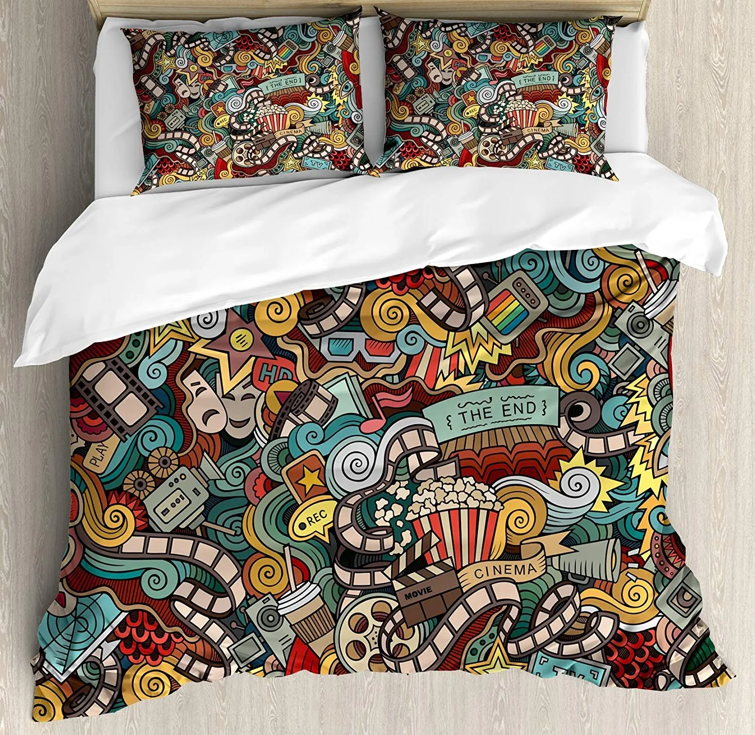 

Doodle Bedding Set Cinema Items Combined in an Abstract Style Popcorn Movie Reel The End Theatre Masks Duvet Cover Pillowcase