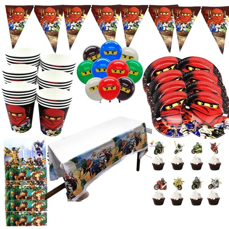 Suministros de fiesta para 20 ni&ntilde;os, vajilla de decoraci&oacute;n de fiesta de cumplea&ntilde;os con tema Ninja, plato, taza, Pajita, Pancarta y mantel, 137 Uds.-0
