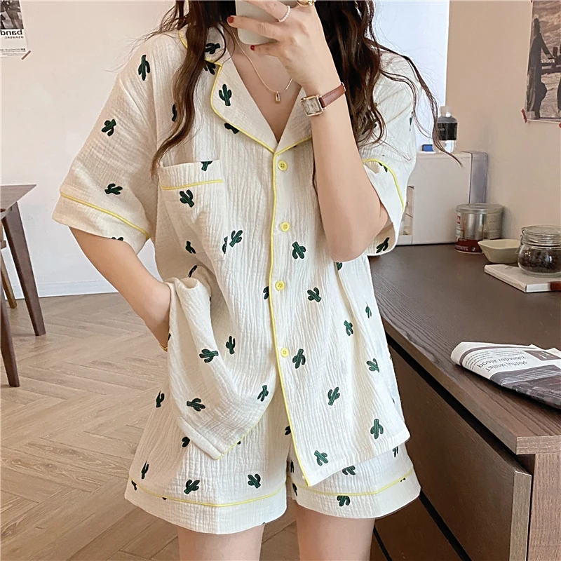 

Alien Kitty 2021 Apricot Chic Casual Printed Plants Homewear Women Sleepwear Pajamas Suits Cotton Summer All Match Loose Sets