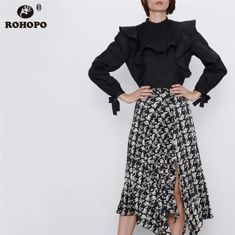 ROHOPO длинный рукав черный хлопок поплин блузка оверлок полу воротник спереди