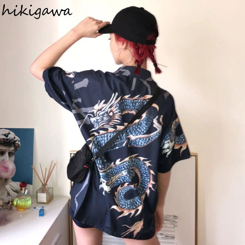 

Hikigawa Blusas Mujer De Moda 2021 Verano Button Up Shirt Dragon Print Short Sleeve Men Top Casual Harajuku Women Fashion Shirts