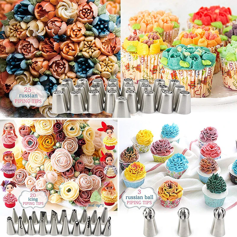 

Cake Decorating Set Stainless Russian Piping Tips Cream Confectionery Nozzles Scraper Pastry Bag Baking Tools For Cakes 32/88pcs