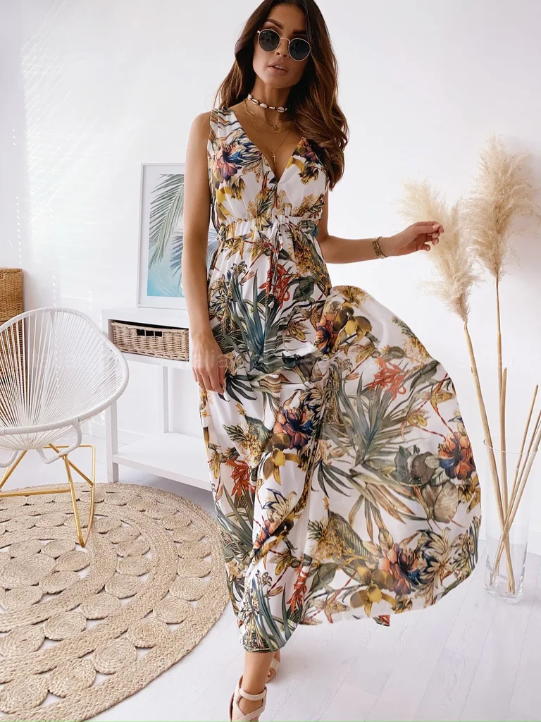 

Summer Long Maxi Dress Women 2021 Sexy Sleeveless Print Boho Dress Deep V Neck Vintage Backless Dresses For Women Robe