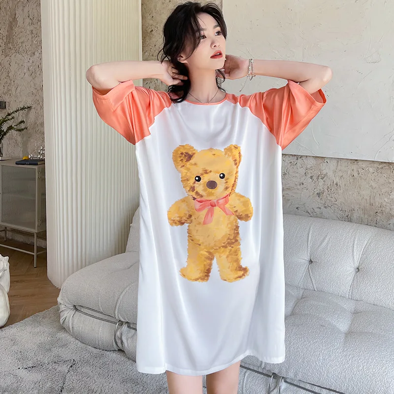 

ChunShang Pajamas Sexy Ladies Summer Satin Chiffon Large Version Raglan Sleeve Skirt Hedging Bear Print Nightdress