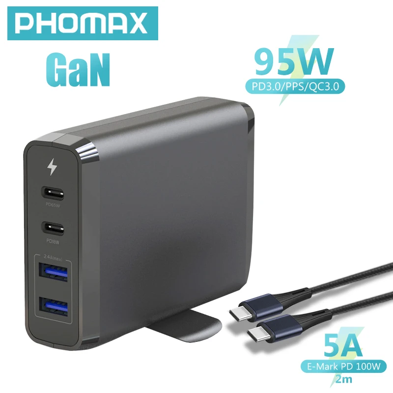 

PHOMAX 95W EU/US/UK Power Adapter 4-Port PD/QC Fast Charger With 2 m Cable For Macbook Pro Xiaomi Laptop IPhone Samsung Tablets
