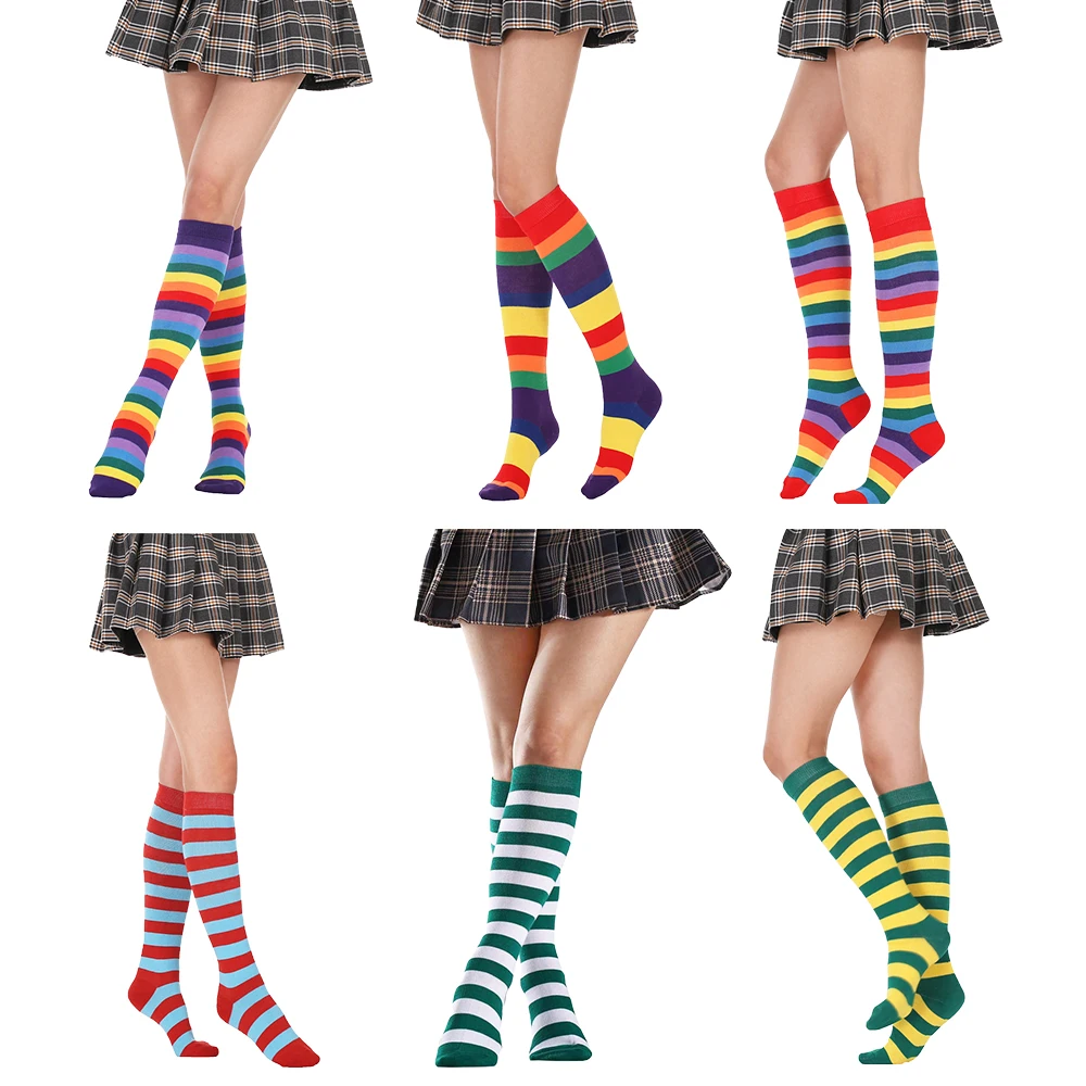 

Rainbow Stripes Knee-high socks ​Women Lolita Cotton Long Striped Thigh High Stocking Anime Strip Zebra Cosplay Over Knee Socks