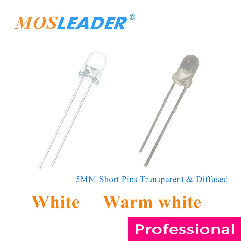 Mosleader 1000 шт 5 мм короткие шпильки led белый теплый прозрачный и диффузный Ф5 круглый