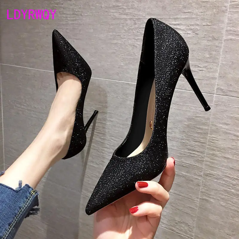

9cm design sense niche high heels female stiletto heel 2021 spring and autumn sequined French girl sexy pointed toe shoes