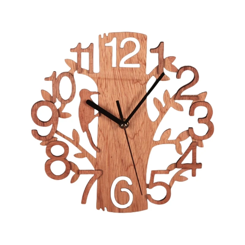 Q9QF Wooden Tree Shape Wall Clock Hanging DIY Round Watches Battery Operated for Office Living Room Home Decoration Supplies