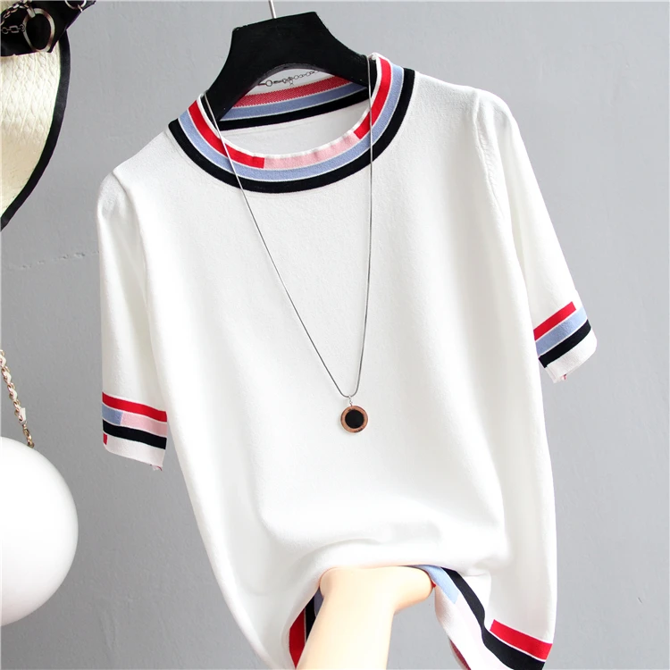 

2021 Summer T shirt Knitted Short Sleeve T-Shirt Women striped Tops Thin round neck Knit Female Tee Shirt Casual T Shirt