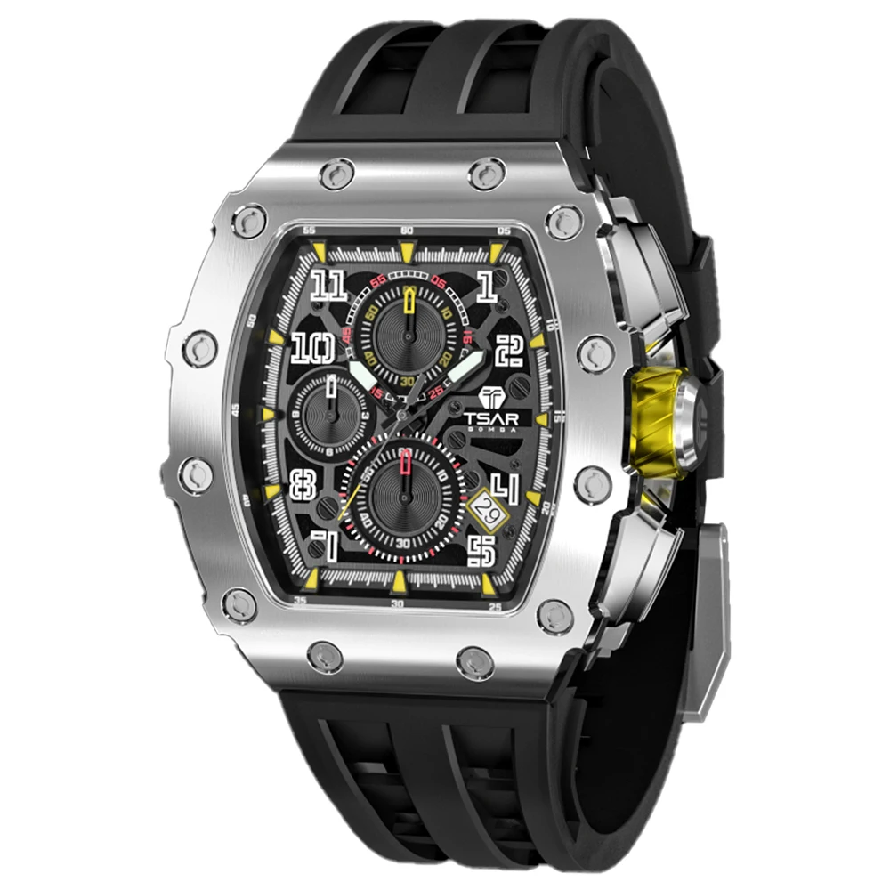 

TSAR BOMBA Watches for Men Luxury Brand 50M Waterproof Tonneau Design Stainless Steel Sport Chronograph Stylish Mens Watches