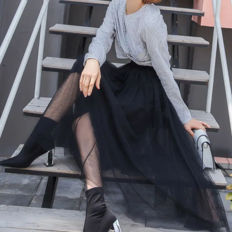 

KLV 80cm High Waist Three Layer Sheer Mesh Pleated Tulle Midi Long Tutu Skirt Sweet Solid Candy Color Drape Swing Loose Skirt