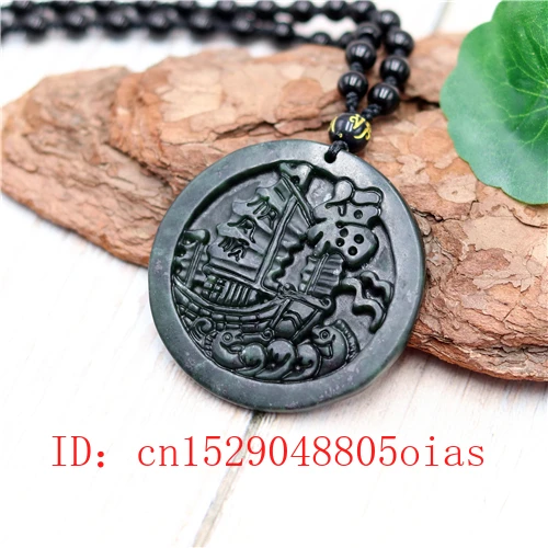 Китайский натуральный черный зеленый нефритовый кулон парусник ожерелье с