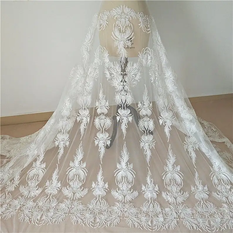 

Luxury Sequined Venice Lace Fabric Off White Retro Floral Embroidered Tulle Fabric Evening Gowns By The Yard 51" Wide