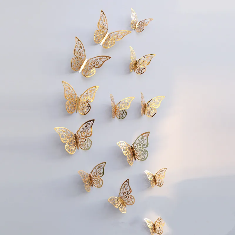 12pcs/lot 3D Mental Golden Buterfly Wall Stickers Butterfly Decoration Home Living Room Decal Magnet Crafts Holiday - купить по