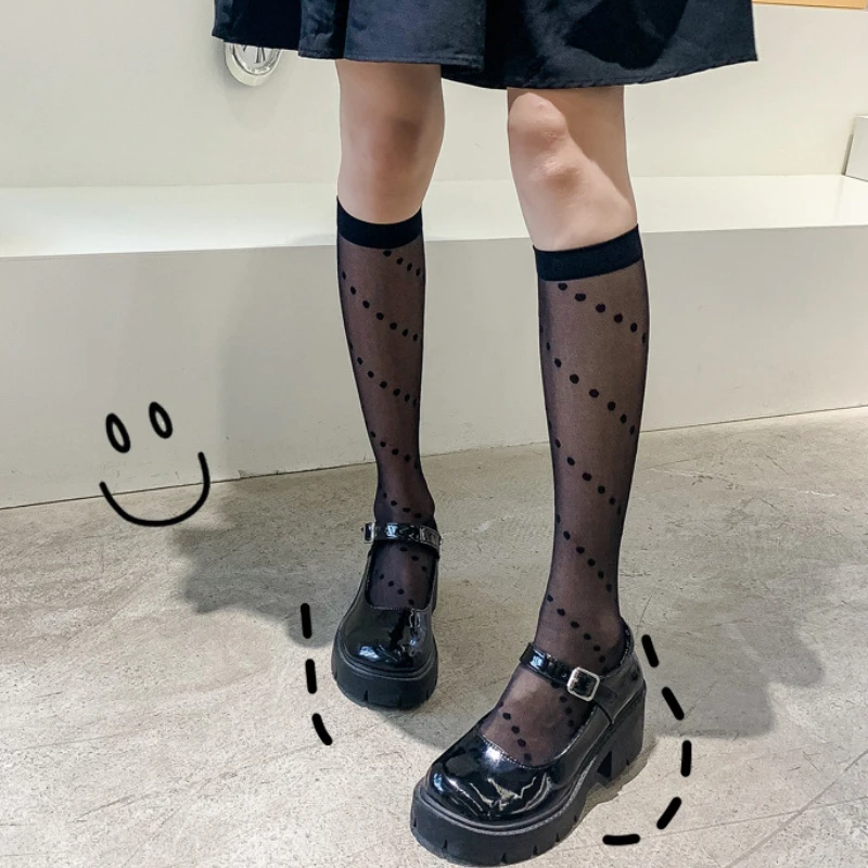 

Black Women Stockings Summer Breathable Dot Striped Fishnet Stockings Lolita Girls Fashion Knee High Socks Transparent Long Sock