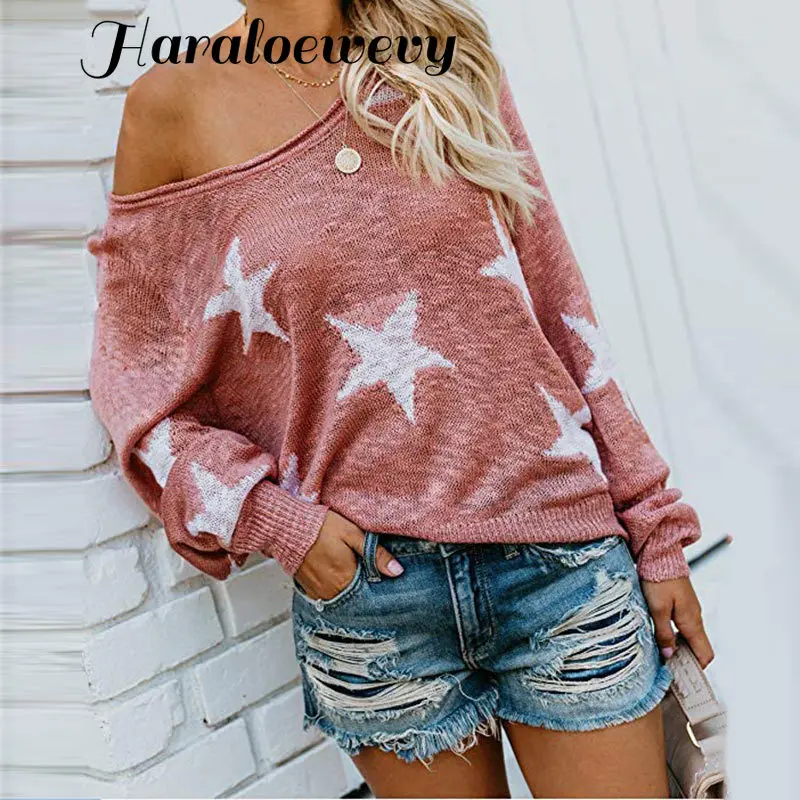 Sexy Off Shoulder Knitted Sweater Woman Autumn Streetwear Casual Loose V-Neck Stars Long Sleeve Print Pullover Large Size Tops | Женская
